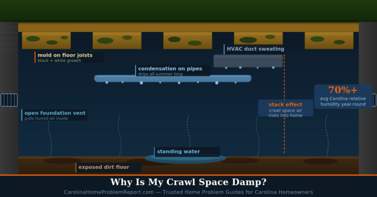 Damp crawl space under a Carolina home showing moisture on floor joists and exposed dirt floor