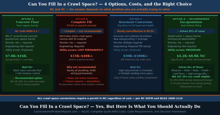 Can you fill in a crawl space showing four options concrete floor option A encapsulation option D complete fill option B and basement conversion option C with costs and NC SC Carolina code requirements