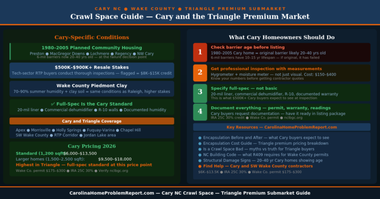 Crawl space Cary NC guide showing Wake County planned community housing full spec encapsulation standard Triangle resale stakes and costs