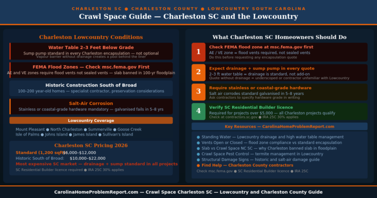 Crawl space Charleston SC Lowcountry guide showing high water table FEMA flood zones historic construction salt air corrosion encapsulation costs and homeowner action plan