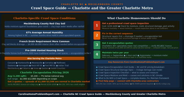 Crawl space Charlotte NC guide showing Mecklenburg County red clay soil moisture conditions encapsulation costs and four-step homeowner action plan