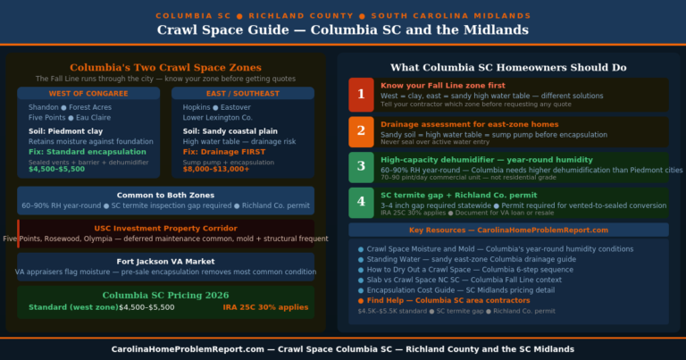 Crawl space Columbia SC guide showing Fall Line two zone soil conditions year round humidity encapsulation costs and Richland County Midlands homeowner action plan