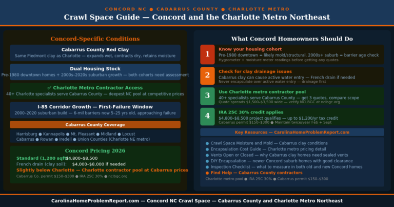 Crawl space Concord NC guide showing Cabarrus County red clay conditions dual housing stock Charlotte metro contractor access and encapsulation costs