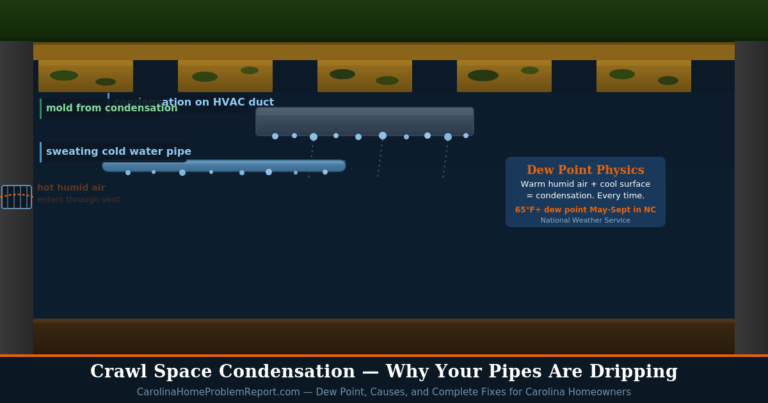 Crawl space condensation dripping from HVAC ducts and sweating pipes in a Carolina home showing dew point moisture damage