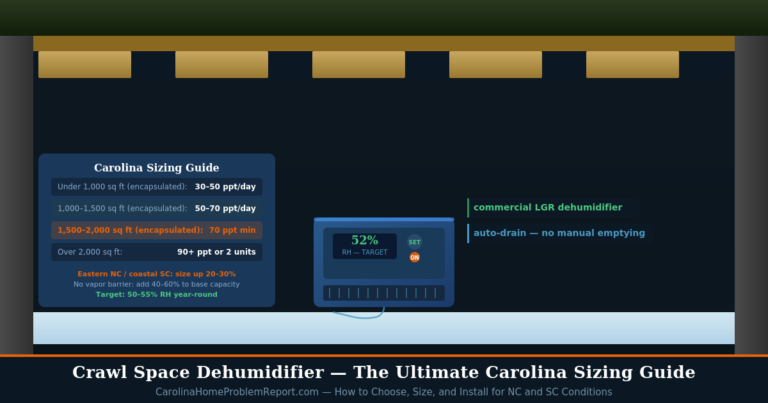 Crawl space dehumidifier sizing guide for NC and SC showing commercial LGR unit installed with sizing table and 52% RH reading