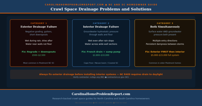 crawl space drainage problems NC SC guide showing 3-category diagnosis framework exterior interior and combined drainage failure with signs causes and correct solutions including French drain sump pump and battery backup
