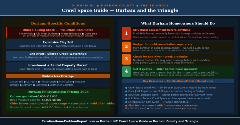Crawl space Durham NC guide showing Durham County clay soil older housing stock Eno River water table encapsulation costs and homeowner action plan