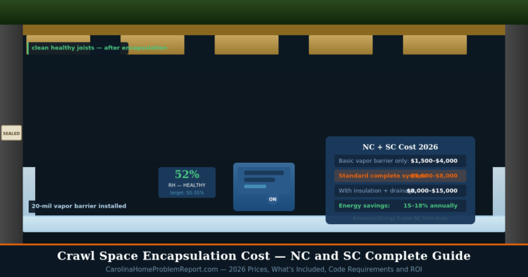 Crawl space encapsulation cost guide for NC and SC showing clean encapsulated crawl space with vapor barrier dehumidifier and 2026 cost breakdown