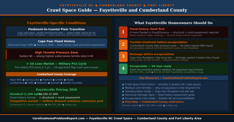 Crawl space Fayetteville NC guide showing Cumberland County transition soils Cape Fear flood history Fort Liberty VA loan requirements termite pressure and encapsulation costs