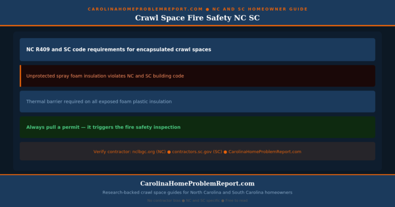 crawl space fire safety nc sc — building code requirements for foam insulation, vapour barriers, and combustion appliances guide for NC and SC homeowners