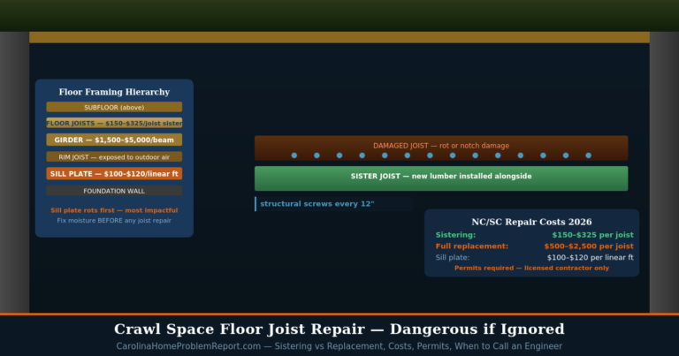 Crawl space floor joist repair guide for Carolina homes showing floor framing hierarchy from sill plate to subfloor with sistering diagram and 2026 repair costs