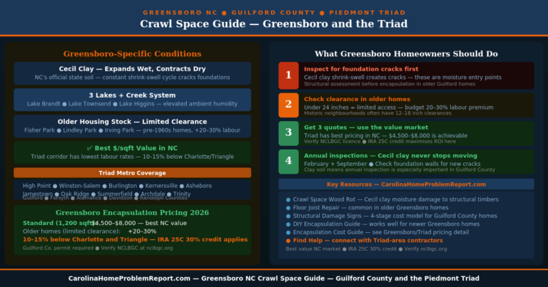 Crawl space Greensboro NC guide showing Guilford County Cecil clay lake humidity conditions encapsulation costs and Triad homeowner action plan