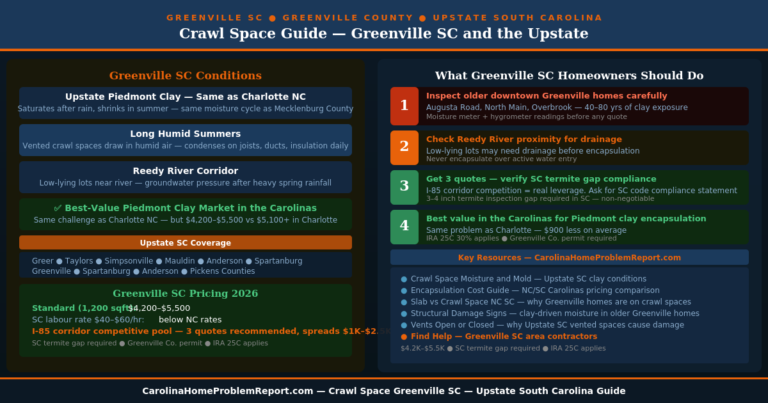 Crawl space Greenville SC guide showing Greenville County Piedmont clay conditions I-85 corridor competitive pricing SC termite gap requirement and Upstate homeowner action plan