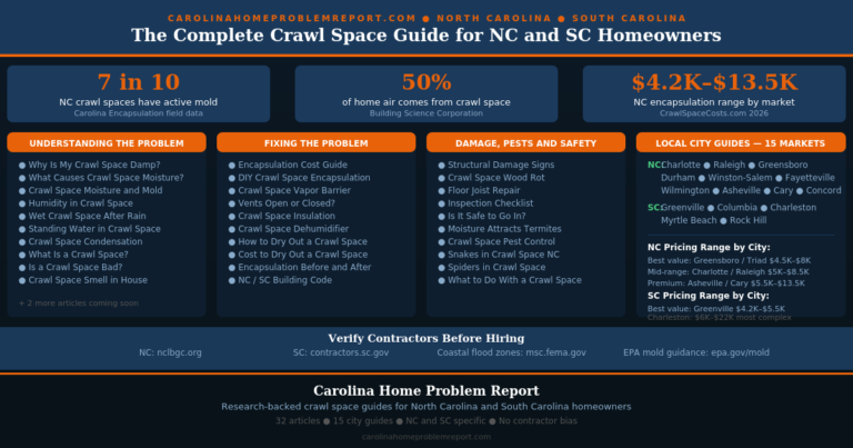 Complete crawl space guide for NC and SC homeowners showing 32 articles 15 city guides moisture encapsulation structural damage pest control and Carolina market pricing