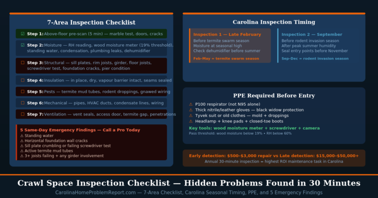 Crawl space inspection checklist for Carolina homes showing 7-area checklist with pass fail criteria seasonal timing February and September PPE requirements and 5 emergency findings