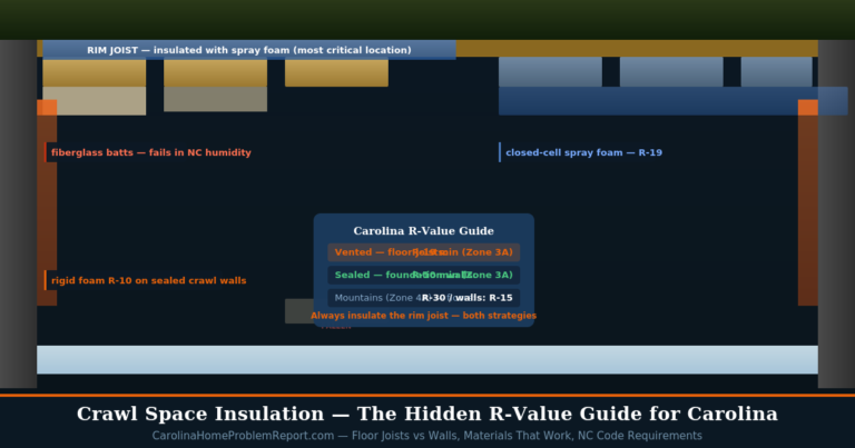 Crawl space insulation guide for Carolina homes showing closed-cell spray foam on floor joists and rigid foam on foundation walls with R-value comparison