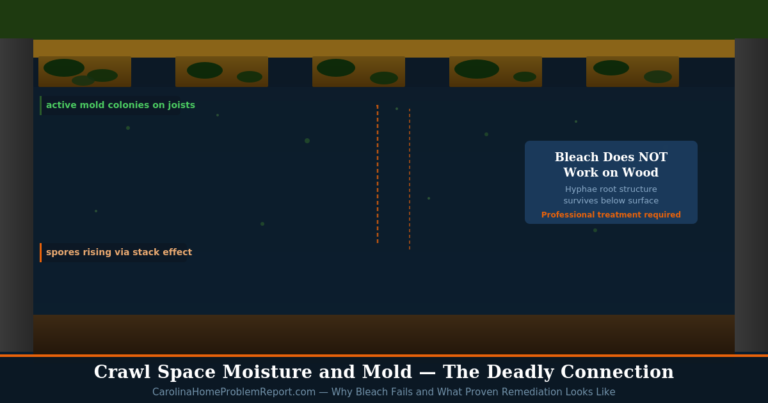 Crawl space moisture and mold in Carolina home showing active mold colonies on floor joists and the bleach failure explanation