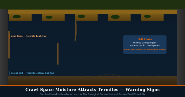 Crawl space moisture attracts termites in Carolina homes showing mud tubes on foundation walls and moisture-damaged joists