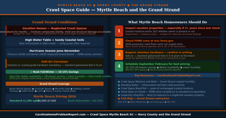 Crawl space Myrtle Beach SC Grand Strand guide showing vacation home neglect coastal water table salt air corrosion FEMA flood zones encapsulation costs and off season scheduling savings