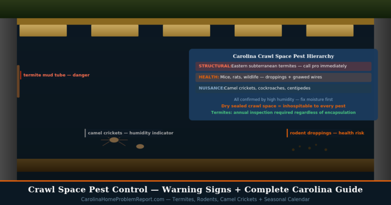 Crawl space pest control guide for Carolina homes showing termite mud tube on foundation wall rodent droppings and camel crickets with pest hierarchy table