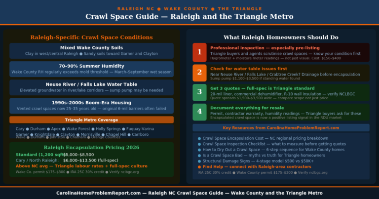 Crawl space Raleigh NC guide showing Wake County mixed soils Neuse River water table encapsulation costs and Triangle homeowner action plan