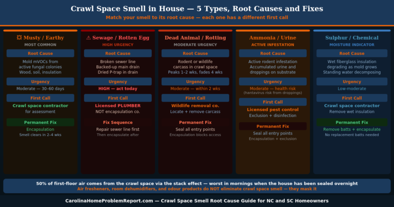 Crawl space smell in house diagnostic guide for Carolina homeowners showing five smell types musty earthy sewage rotten egg dead animal ammonia urine sulphur with root causes urgency levels and first calls