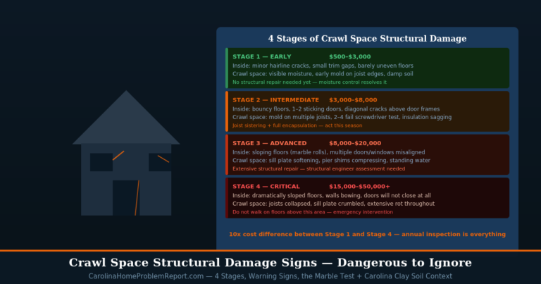 Crawl space structural damage signs for Carolina homes showing 4-stage warning system from early moisture to critical structural failure with repair costs per stage