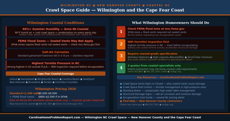 Crawl space Wilmington NC coastal guide showing 80 percent humidity FEMA flood zones salt air corrosion termite pressure and encapsulation costs for New Hanover County homeowners