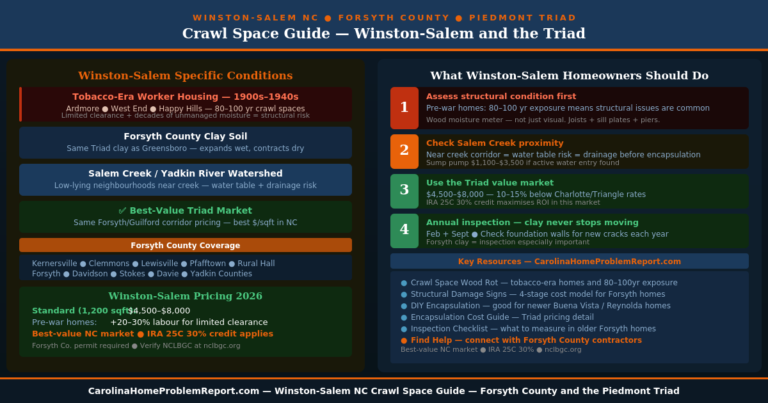 Crawl space Winston-Salem NC guide showing Forsyth County clay soil tobacco era housing stock Salem Creek watershed encapsulation costs and Triad homeowner action plan