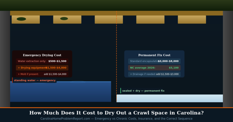 How much does it cost to dry out a crawl space in Carolina showing emergency standing water cost versus sealed dry encapsulated crawl space permanent fix cost