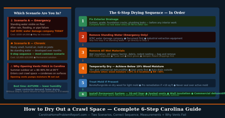 How to dry out a crawl space in Carolina showing two scenarios emergency standing water versus chronic moisture and the complete 6-step drying sequence with measurements
