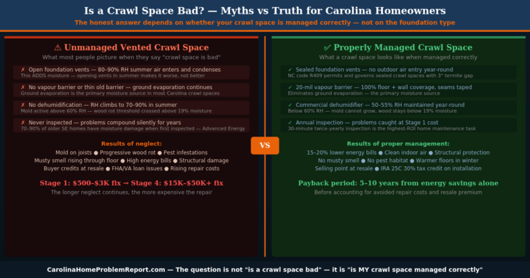 Is a crawl space bad comparison showing unmanaged vented crawl space problems versus properly managed sealed crawl space benefits for Carolina NC SC homeowners
