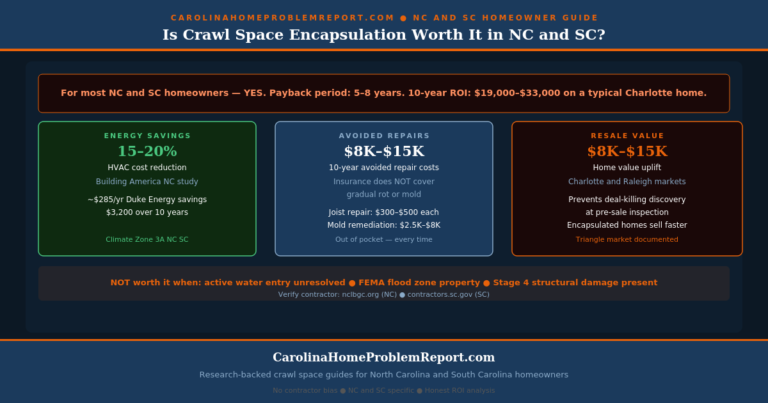 is crawl space encapsulation worth it NC SC — ROI analysis showing energy savings avoided repair costs resale value uplift and payback period for Carolina homeowners