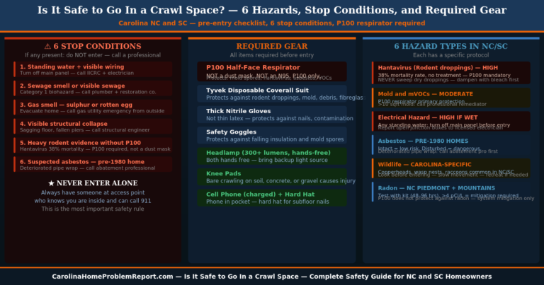 Is it safe to go in a crawl space safety guide for Carolina homeowners showing six stop conditions required PPE gear list and six hazard types with protocols for NC SC