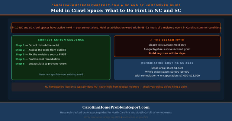 mold in crawl space NC SC guide showing correct 5-step action sequence identification types DIY vs professional decision and remediation costs for Carolina homeowners