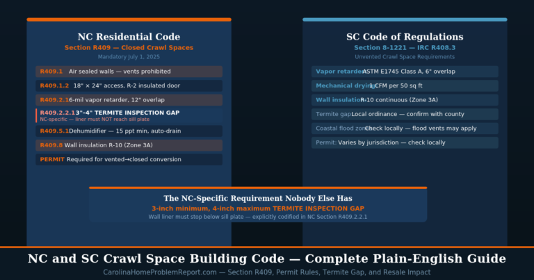 NC and SC crawl space building code comparison showing Section R409 requirements and SC IRC R408.3 requirements side by side