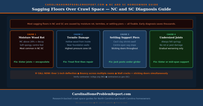 sagging floors over crawl space NC SC guide showing 4 causes moisture wood rot termite damage settling piers and undersized joists with emergency signs and repair costs