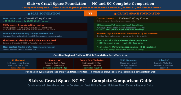 Slab vs crawl space foundation comparison for NC SC Carolina showing construction cost utility access moisture flood zone energy performance and regional guide for Piedmont Eastern NC coastal SC and WNC mountains