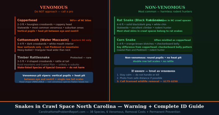 Snakes in crawl space North Carolina identification guide showing venomous species copperhead and cottonmouth versus non-venomous rat snake and corn snake with key ID features