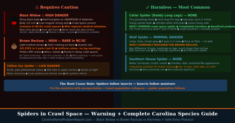 Spiders in crawl space Carolina guide showing dangerous species black widow and brown recluse versus harmless cellar spider wolf spider and southern house spider with danger ratings