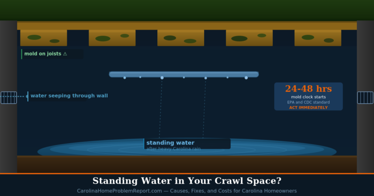 Standing water pooling in a Carolina crawl space after heavy rain showing water damage risk to floor joists and foundation