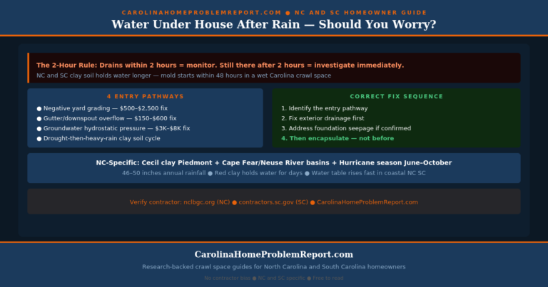 water under house after rain NC SC guide showing 4 entry pathways the 2-hour diagnostic rule and correct fix sequence for Carolina homeowners