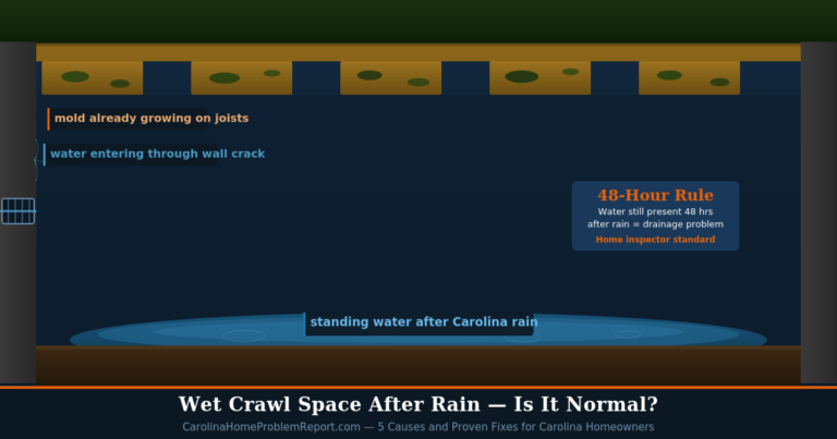 Wet crawl space after heavy Carolina rain showing standing water flooding floor joists and mold damage