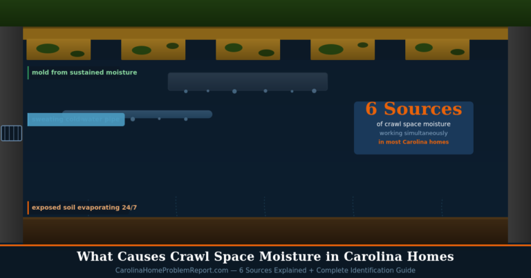 What causes crawl space moisture in Carolina homes showing 6 sources including mold on joists sweating pipes and exposed soil