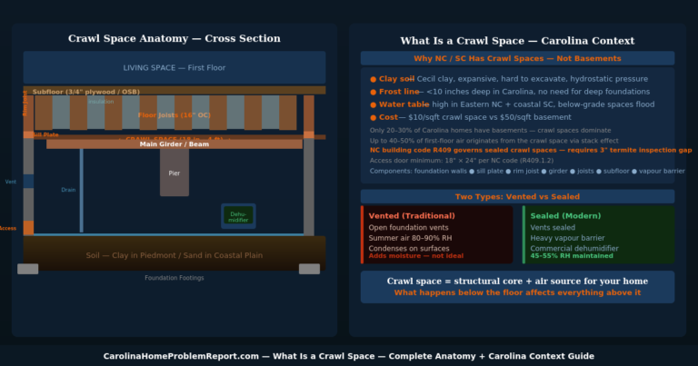 What is a crawl space anatomy diagram showing cross section with labelled components foundation walls sill plate floor joists main girder vapour barrier dehumidifier and why NC SC homes have crawl spaces instead of basements