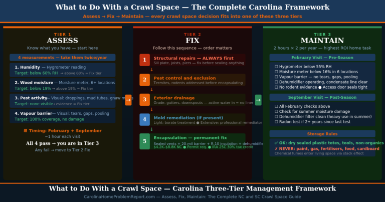 What to do with a crawl space three tier framework showing assess fix and maintain tiers with specific actions measurements fix sequence and maintenance calendar for Carolina NC SC homeowners