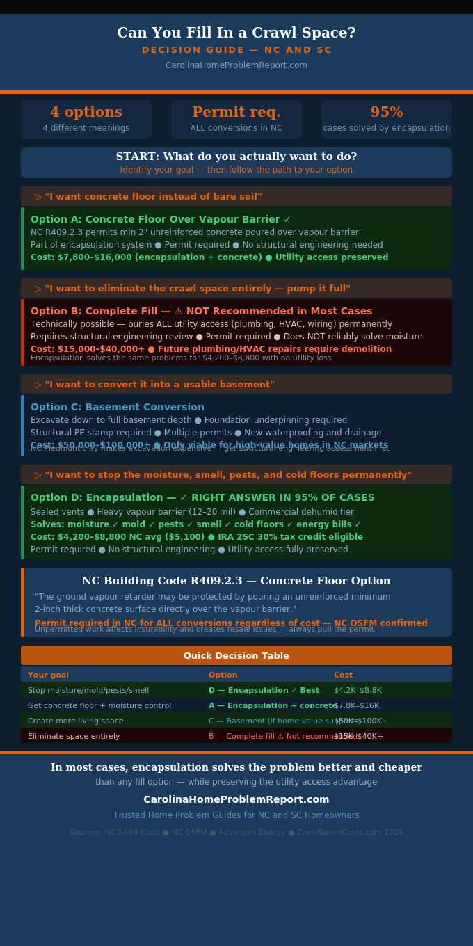 Decision tree infographic showing can you fill in a crawl space four options concrete floor encapsulation complete fill and basement conversion with costs and right situation for each option in NC SC Carolina