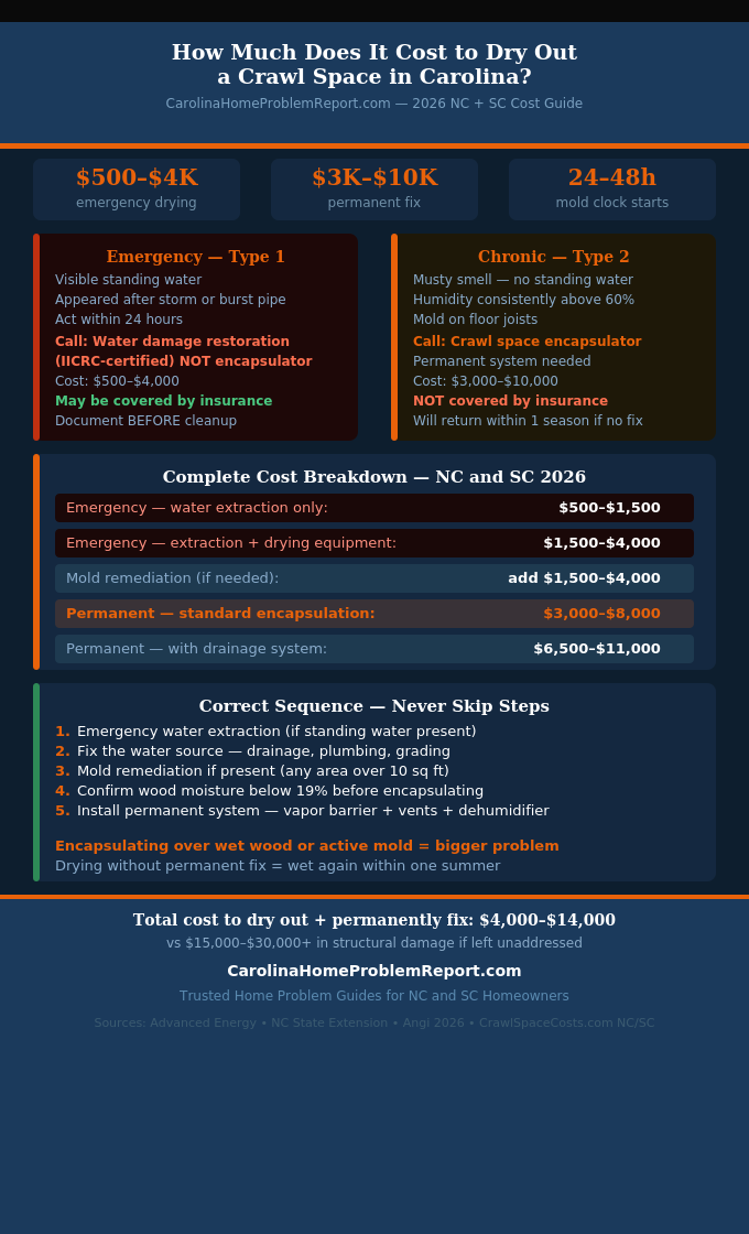 Infographic showing how much it costs to dry out a crawl space in Carolina with emergency drying costs chronic moisture costs insurance guidance and the correct sequence