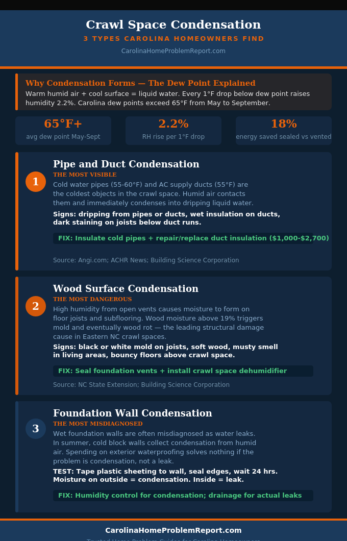 Infographic showing 3 types of crawl space condensation in Carolina homes with causes and fixes for each type