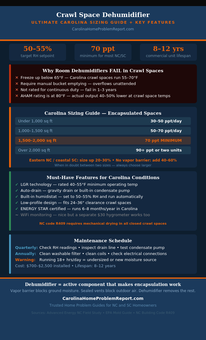 Infographic showing crawl space dehumidifier sizing guide for Carolina homes with key features drainage options and maintenance schedule